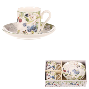 Hrneček s podšálky po 2 kusech - dárkový set, porcelán, bílý s lesními plody