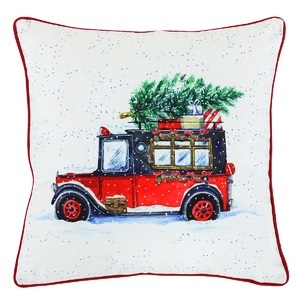 Polštář sametový s výplní, bílý - vánoční auto, 100% polyester, 45 x 45 cm