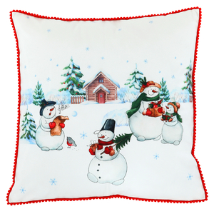 Polštář sametový s výplní, bílý - se sněhuláky, 100% polyester, 45 x 45 cm