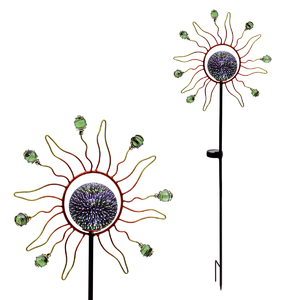 Slunce s LED světlem (solar), kovová zahradní dekorace, zápich
